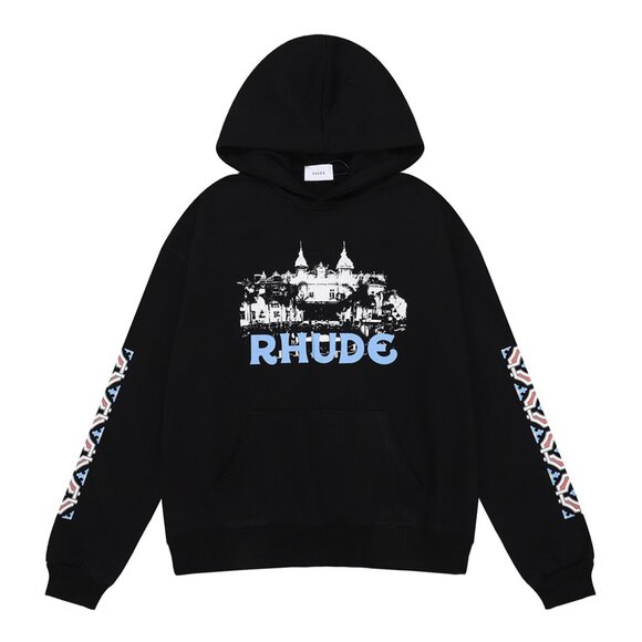 Rhude Black Hooded Sweatshirt With Architectural Theme